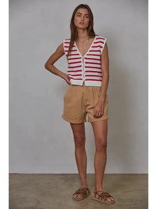 Greer Striped Button Down Vest- Off White/ Red