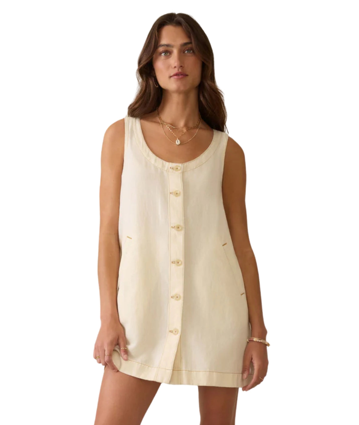 Linen Denim Malibu Mini Dress- Whitecliff Wash