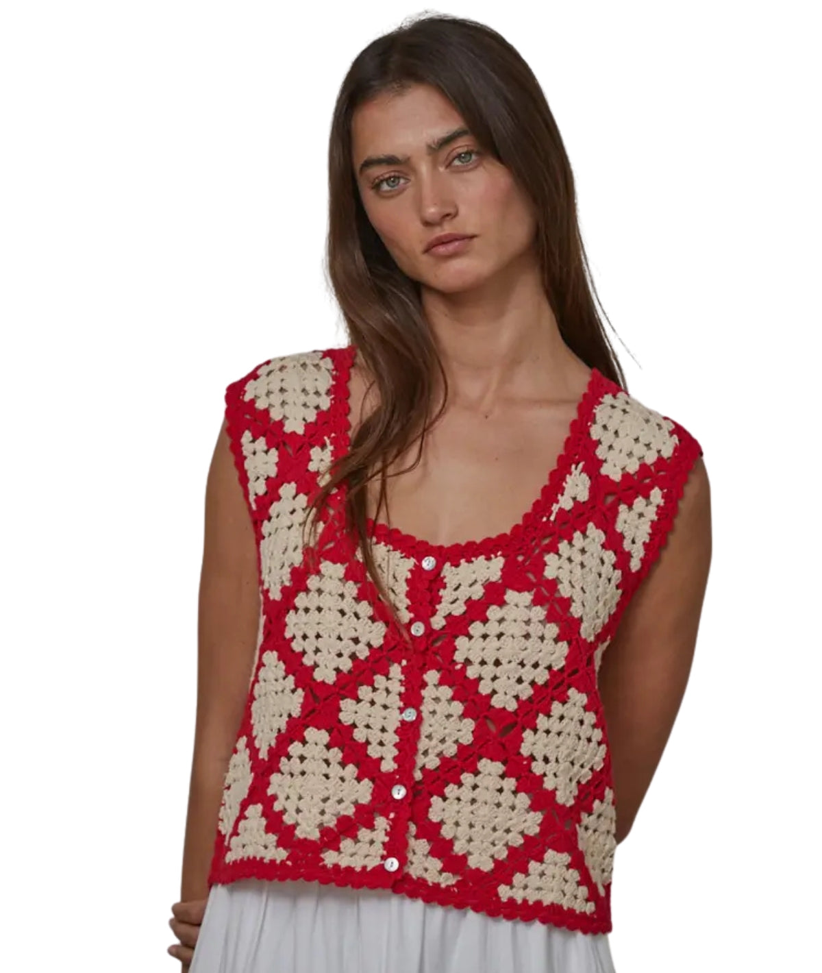 Margaret Crochet Button Down Vest- Red/Natural