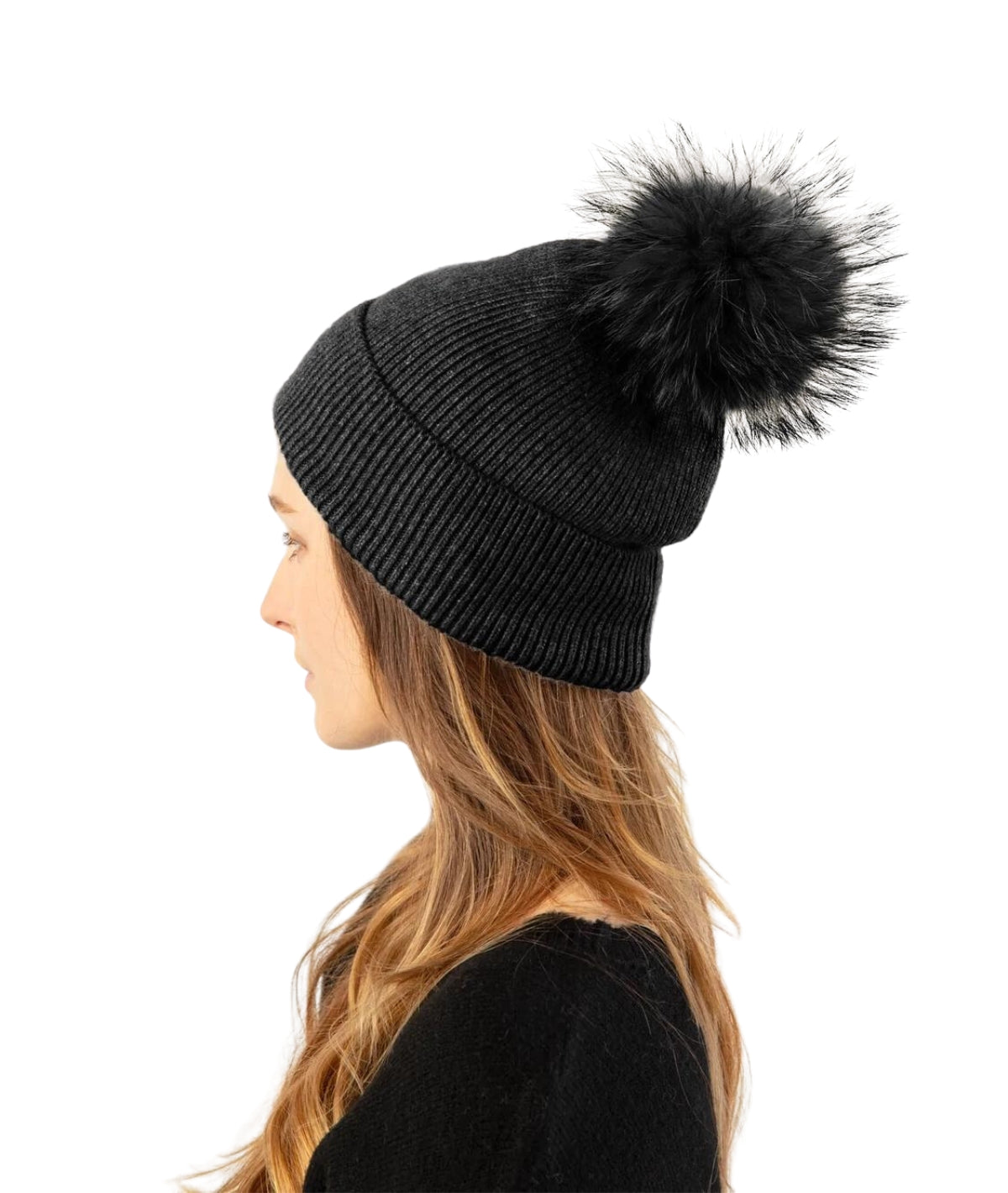 Ribbed Knit Beanie- Charcoal Faux Fur