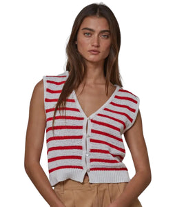 Greer Striped Button Down Vest- Off White/ Red