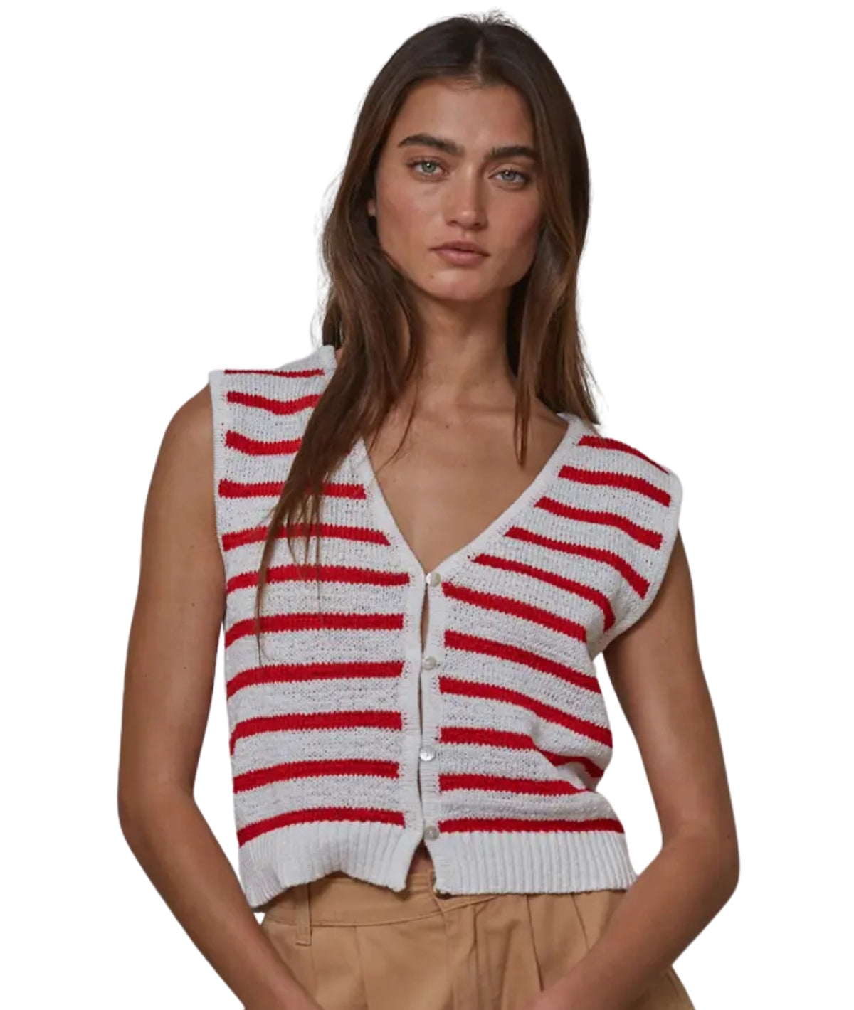 Greer Striped Button Down Vest- Off White/ Red