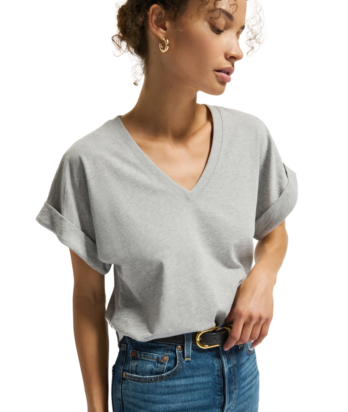 Stevie Cuffed V-Neck- Heather Grey