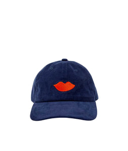 Corduroy Baseball Hat- Navy w/ Bright Poppy Embroidered Lips