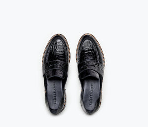 Tash D'Orsay Moccasin- Black Embossed Croc