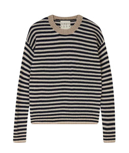 Tipped Stripe Crew Cashmere Sweater- Brown/Navy/Oat