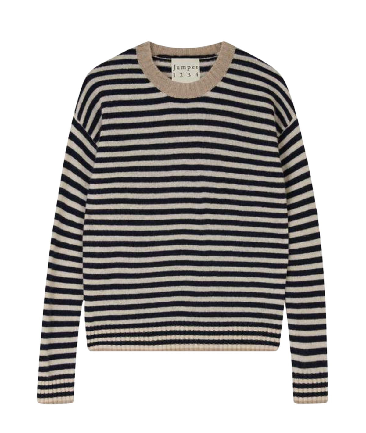 Tipped Stripe Crew Cashmere Sweater- Brown/Navy/Oat