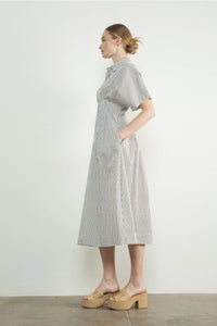 Shea Stripe Button Front Midi Dress- Black/Off White