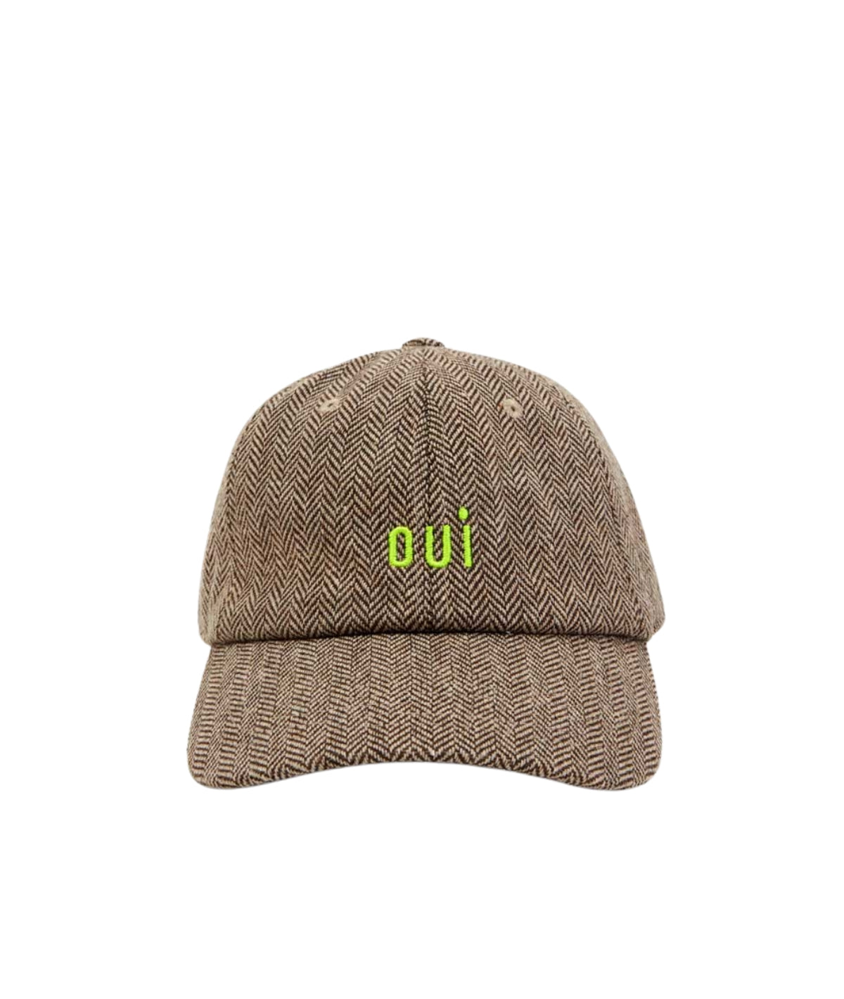 Wool Baseball Hat- Taupe w/ Neon Yellow Embroidered Oui