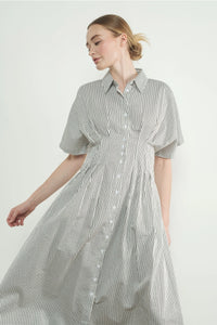 Shea Stripe Button Front Midi Dress- Black/Off White