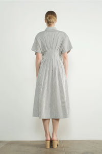 Shea Stripe Button Front Midi Dress- Black/Off White