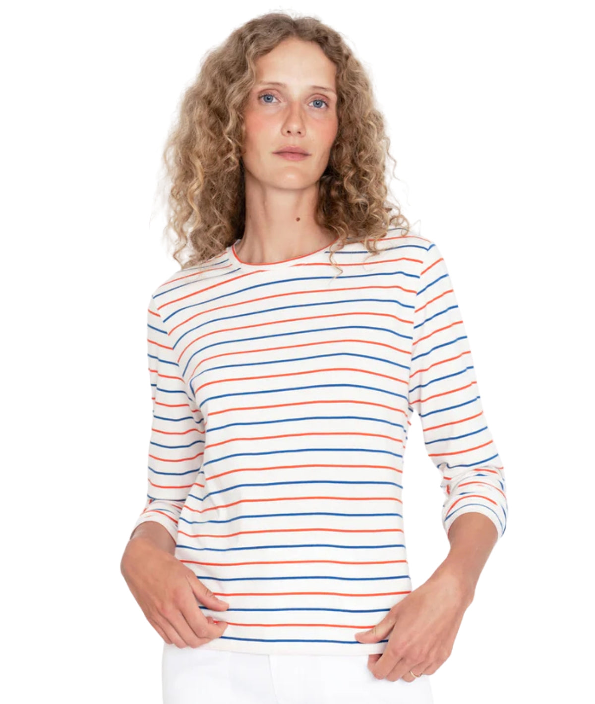 The Modern Long- White/Blue/Poppy Pinstripe