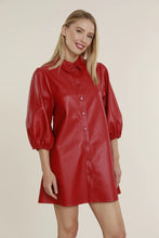 Vegan Leather Puff Sleeve Dress- Red