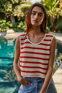 Millie Striped Sleeveless Top- Natural/Red