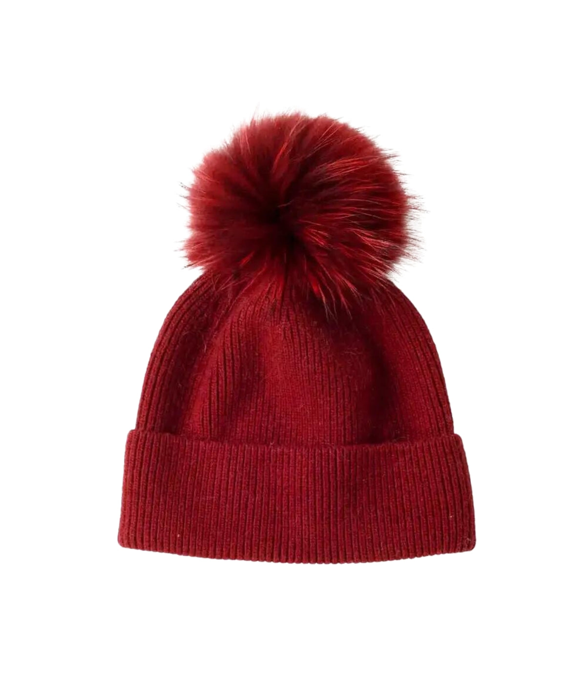 Ribbed Knit Beanie- Red Faux Fur