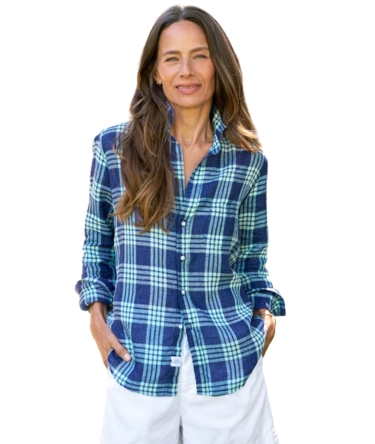 Eileen Relaxed Button- Up Shirt- Navy/Sea Foam Plaid