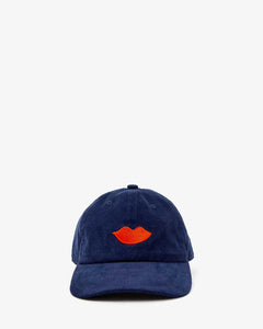 Corduroy Baseball Hat- Navy w/ Bright Poppy Embroidered Lips