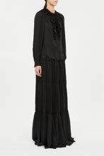 Rouen Silk Ruffle Front Long Sleeve Blouse- Noir