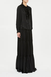 Rouen Silk Ruffle Front Long Sleeve Blouse- Noir