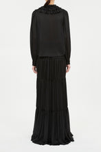Rouen Silk Ruffle Front Long Sleeve Blouse- Noir