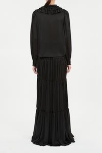 Rouen Silk Ruffle Front Long Sleeve Blouse- Noir