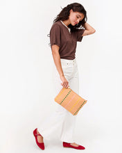 Flat Clutch w/ Tabs- Bisque Woven Checker w/ Stripe