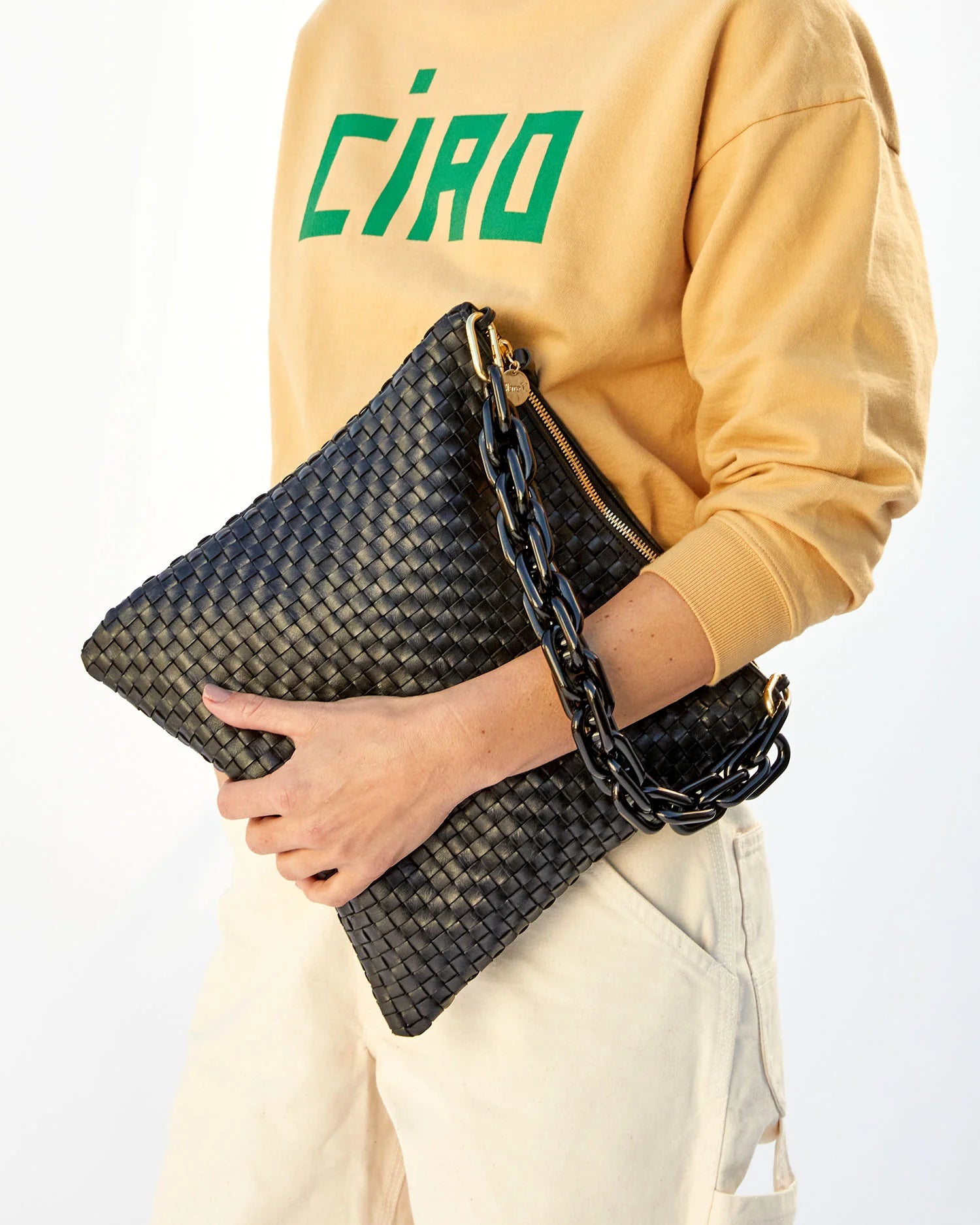 Foldover Clutch with Tabs in Black Woven Checker