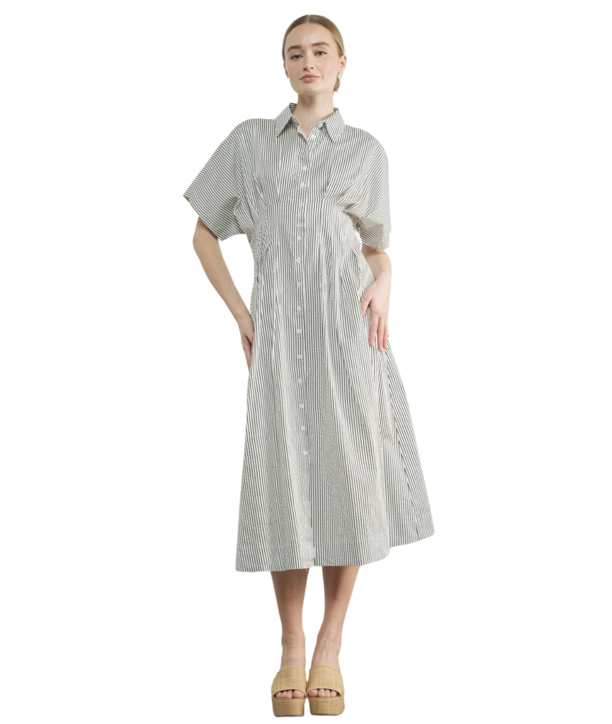 Shea Stripe Button Front Midi Dress- Black/Off White