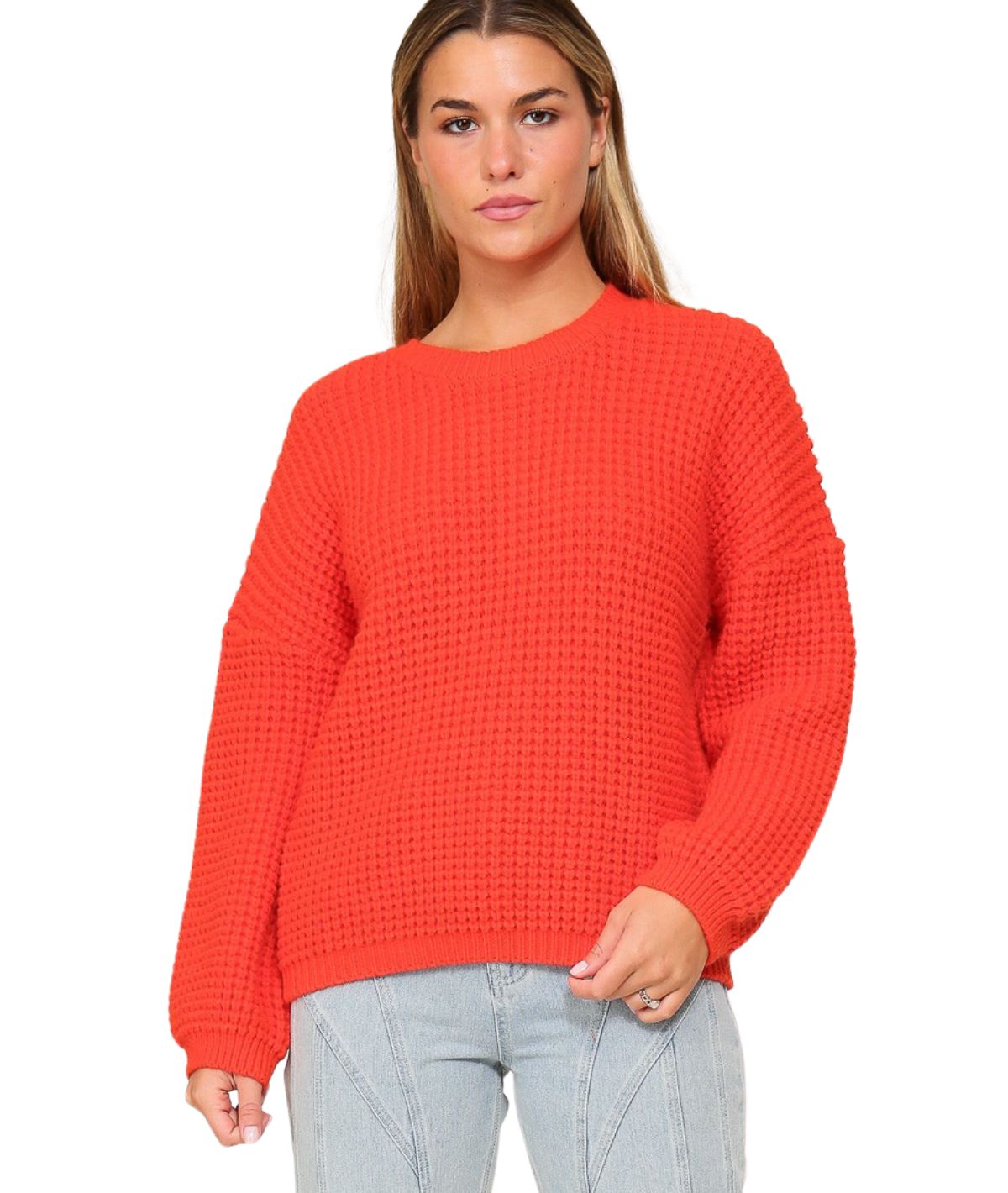 Taryn Waffled Crop Sweater- Red