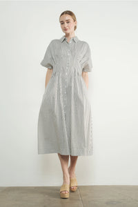 Shea Stripe Button Front Midi Dress- Black/Off White
