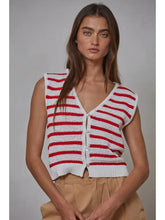 Greer Striped Button Down Vest- Off White/ Red