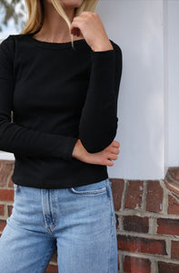 Pointelle Long Sleeve Crewneck- Black