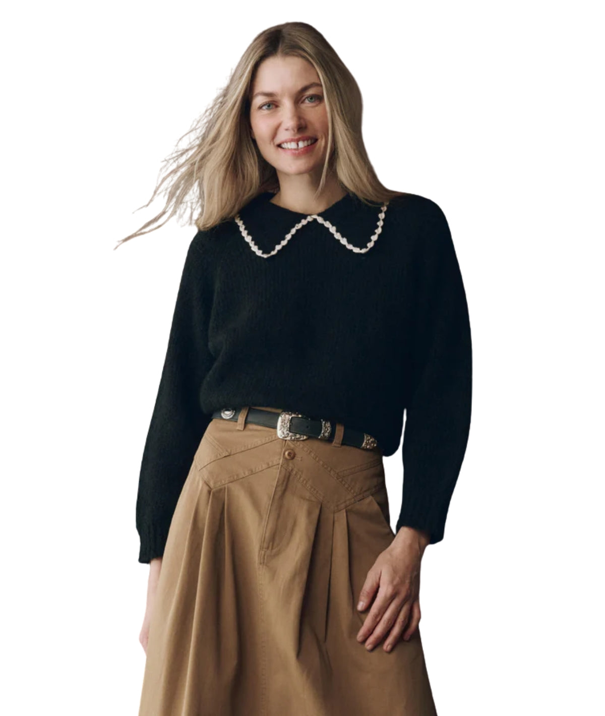 The Crochet Collar Pullover- Black W/ White