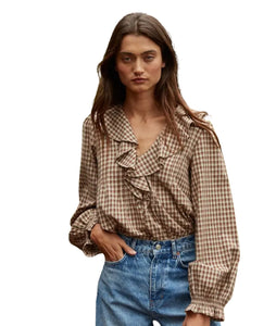 Madeline Gingham Ruffled Blouse- Brown