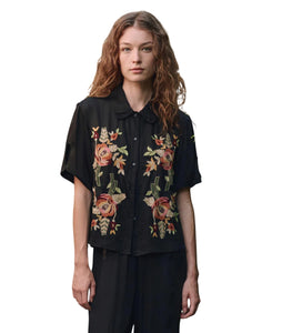 The Tavern Button Up W/ Bouquet Floral Embroidery- Black