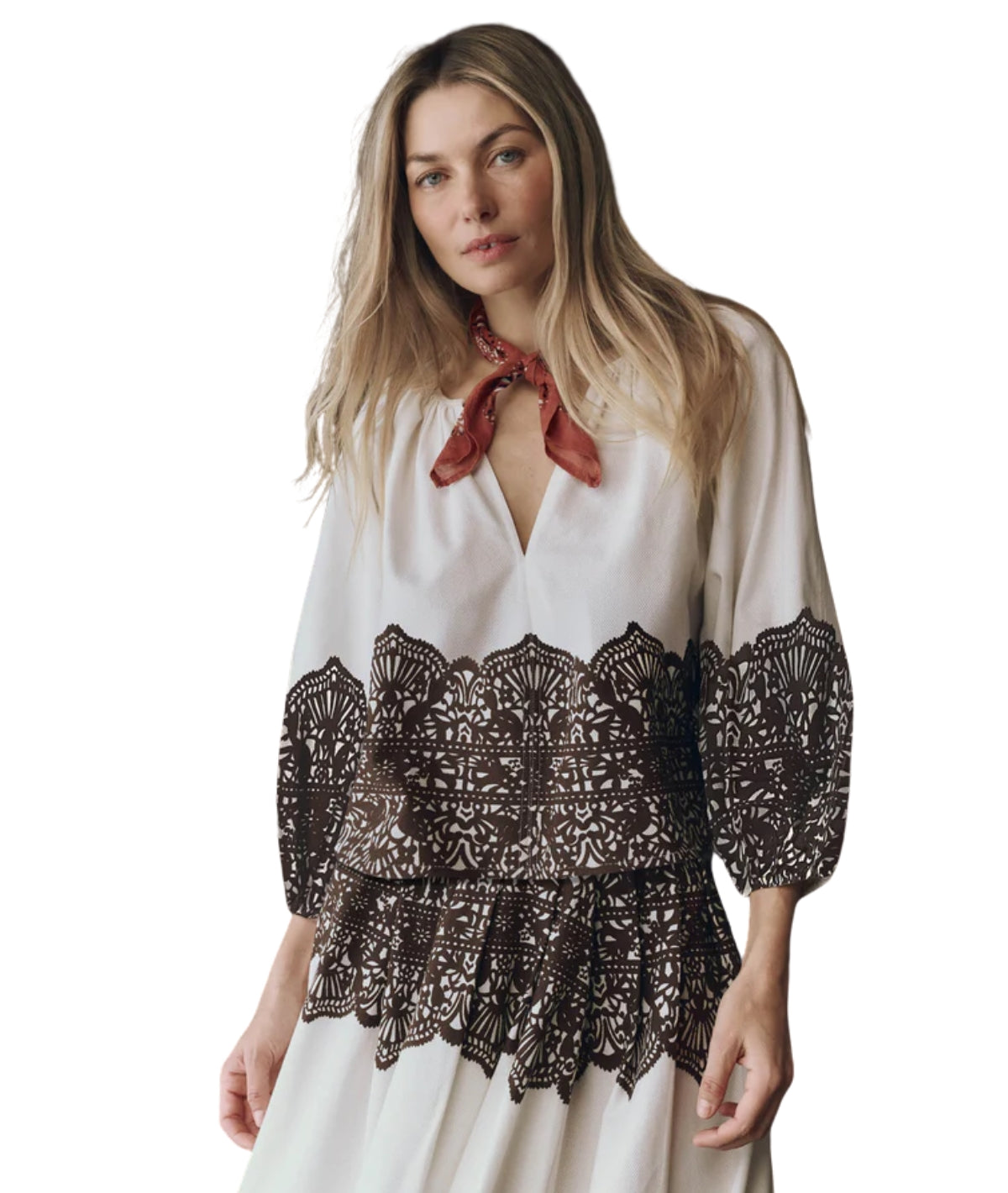 The Chariot Top- Cream W/ Western Lace Print