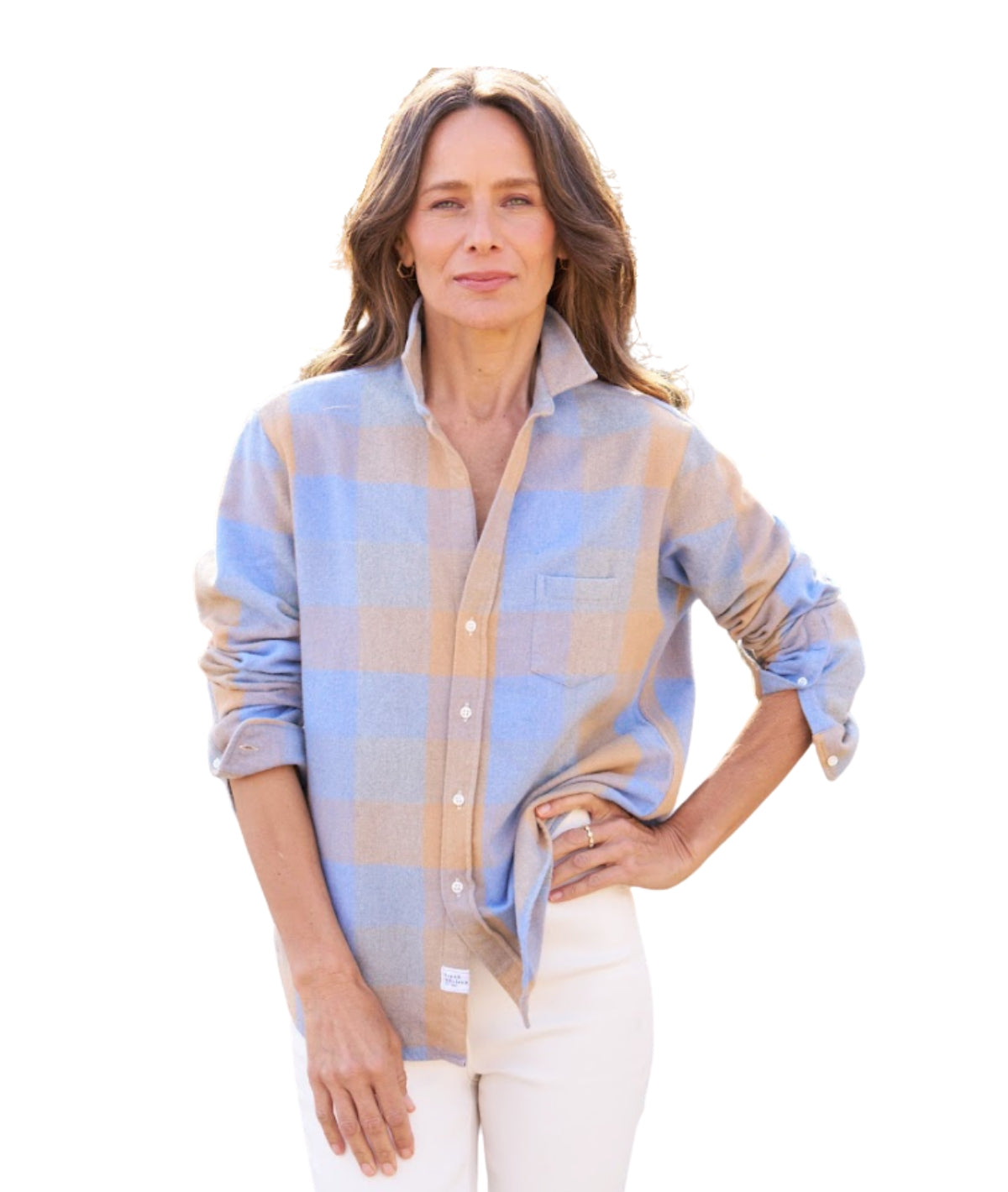Eileen Relaxed Button-Up Shirt- Large Blue, Camel Check