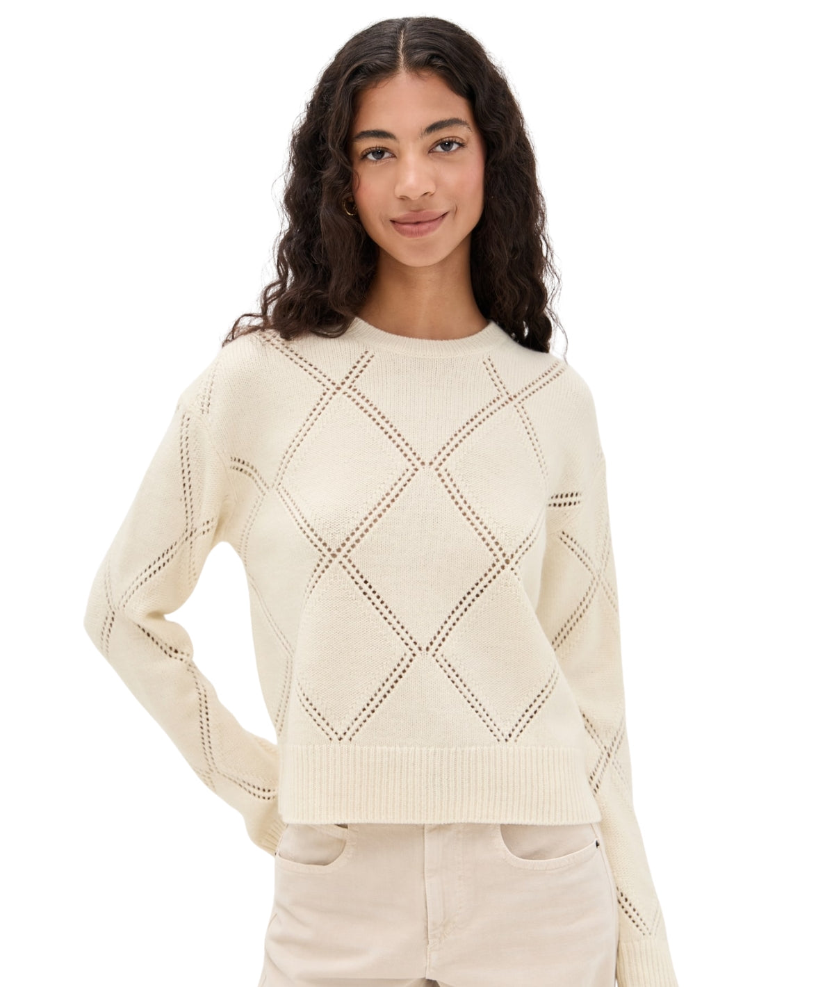 Textured Argyle Sweater- Cream