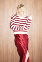 Devi Distressed Cable Knit Sweater- Ivory Burgundy Stripe