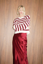 Devi Distressed Cable Knit Sweater- Ivory Burgundy Stripe
