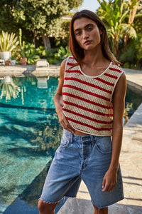 Millie Striped Sleeveless Top- Natural/Red