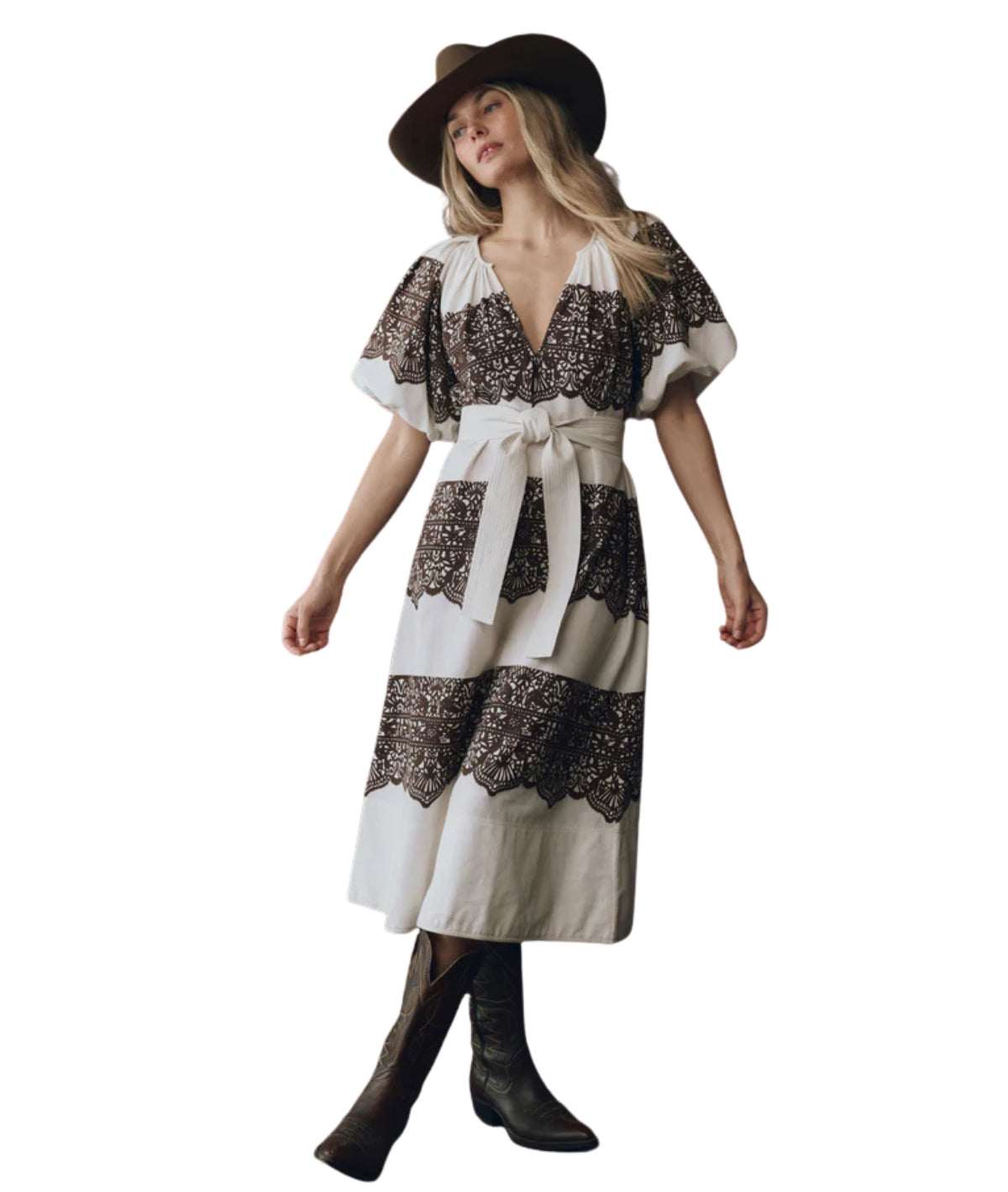The Fairground Dress- Cream W/ Western Lace Print