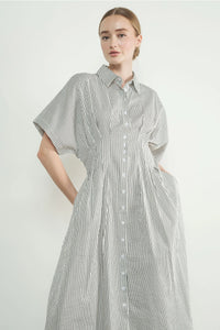 Shea Stripe Button Front Midi Dress- Black/Off White