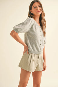 Marissa Scalloped Short Sleeve Sweater- Heather Grey