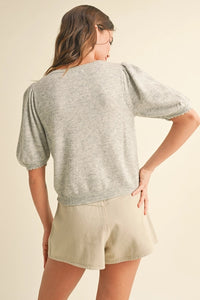 Marissa Scalloped Short Sleeve Sweater- Heather Grey