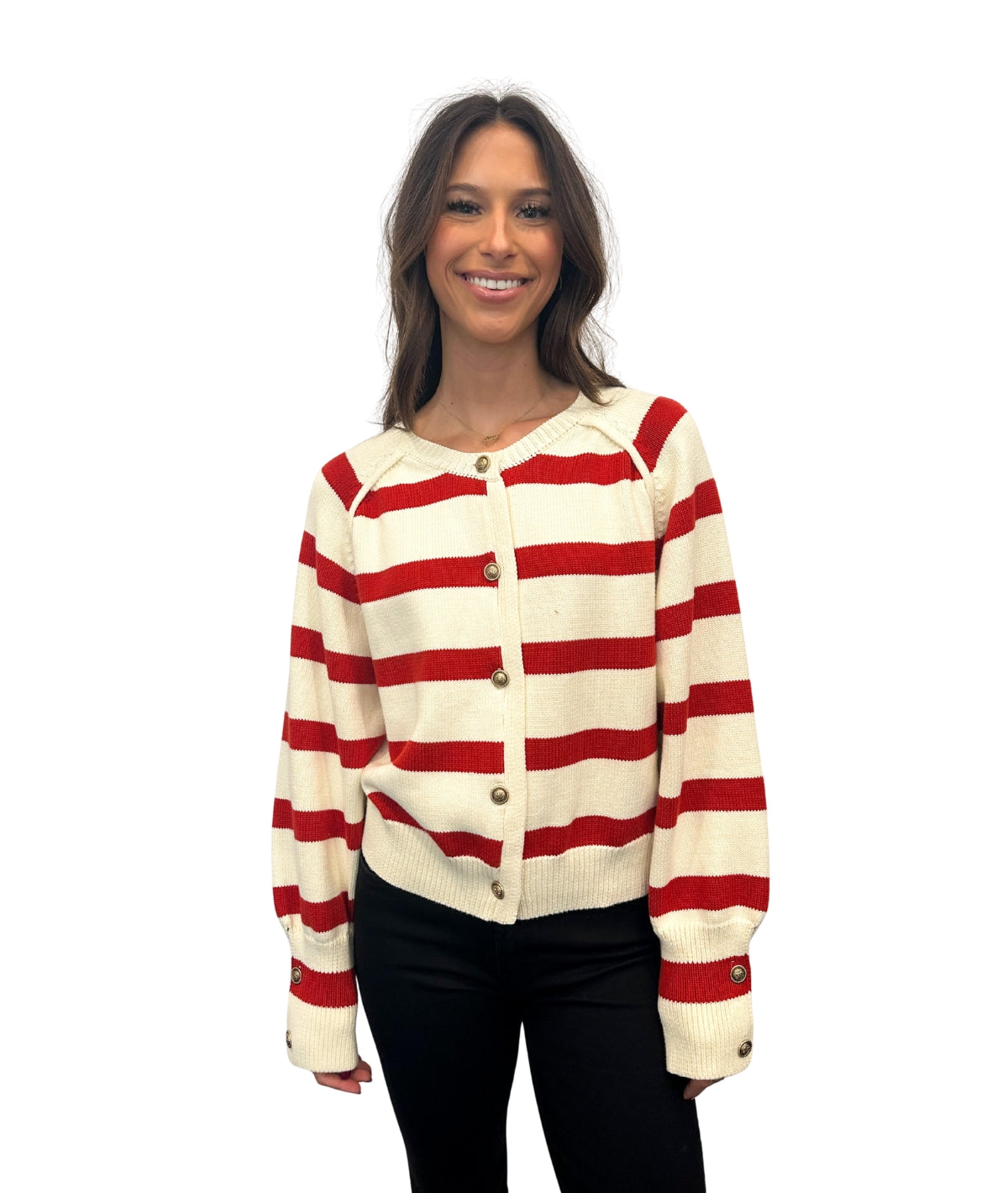 Juliette Stripe Sweater Cardigan- Ivory/Red