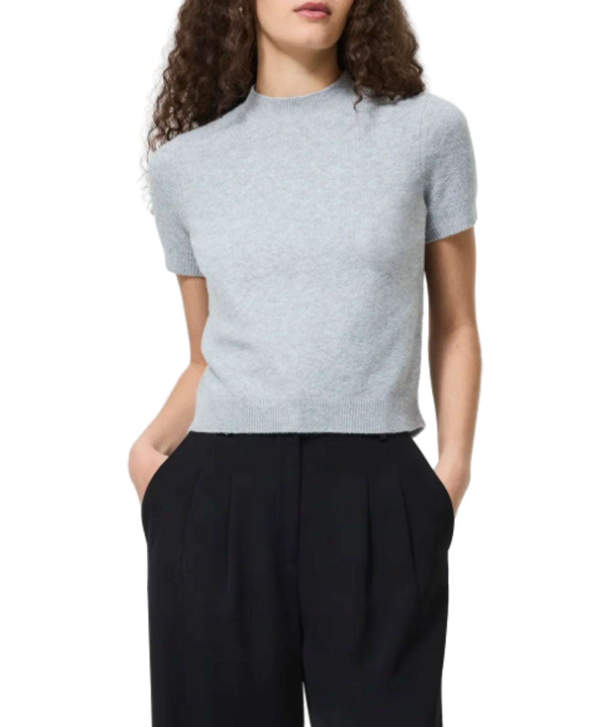 Vhari Knit Mock Neck Short Sleeved Top- Light Grey