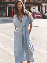 Liora Dress- Chambray Teal Stripe