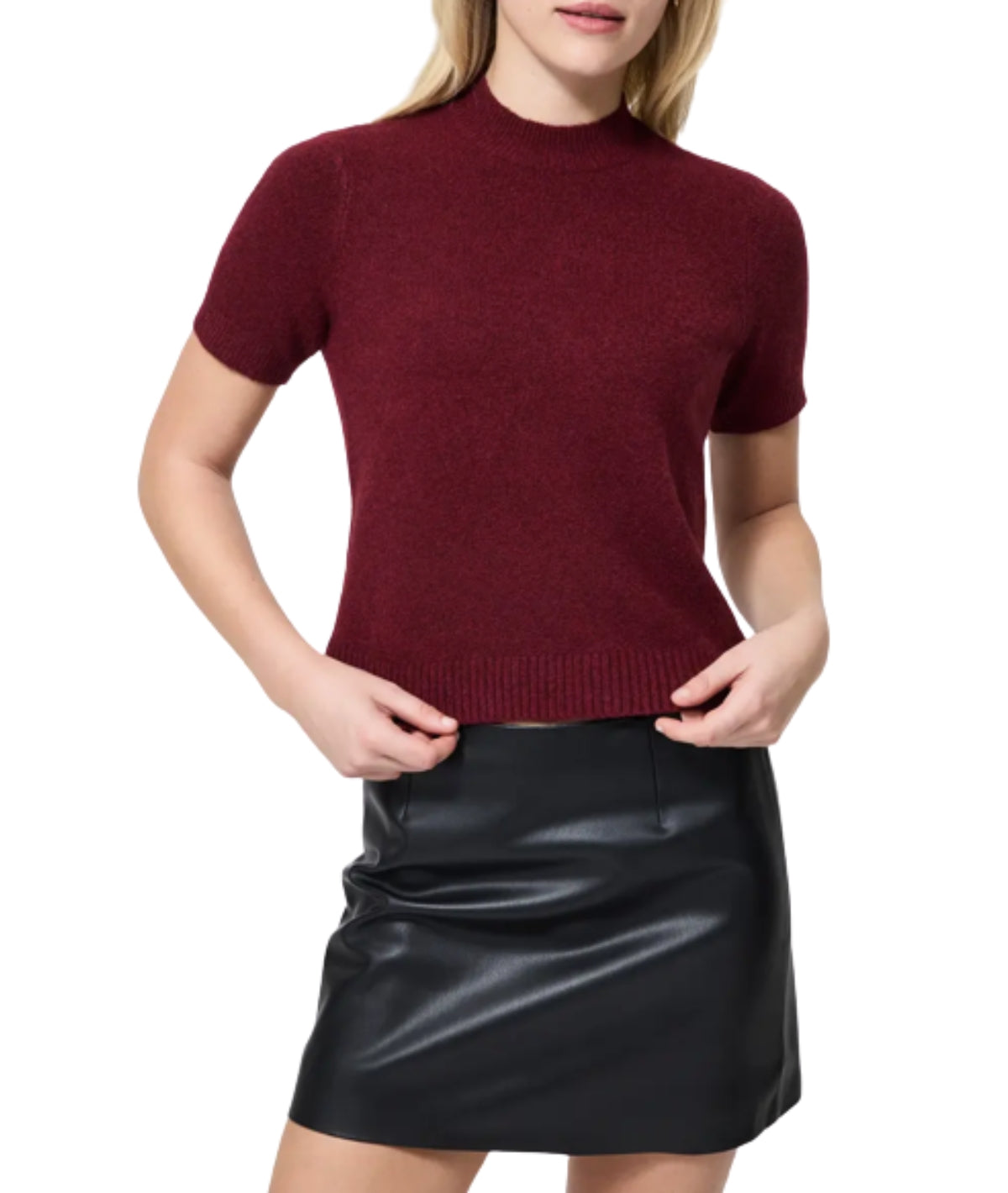 Vhari Knit Mock Neck Short Sleeved Top- Cabernet