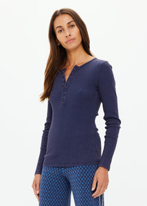 Ness Ribbed Long Sleeve Top- Washed Denim